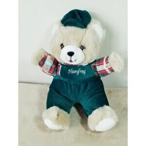 Humfrey Teddy Bear 1997 Medium 12" Green Overall Plush Stuffed Animal Vintage